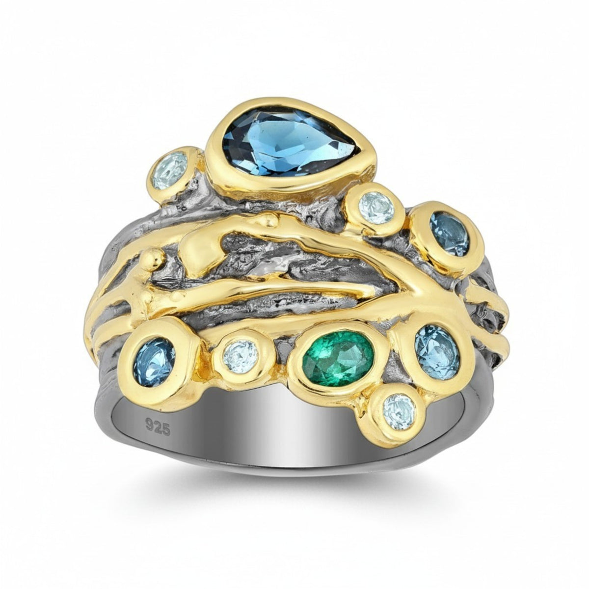 Tania Claire Australia Tidal Relic Ring featuring blue topaz, emerald, and molten gold on textured sterling silver.