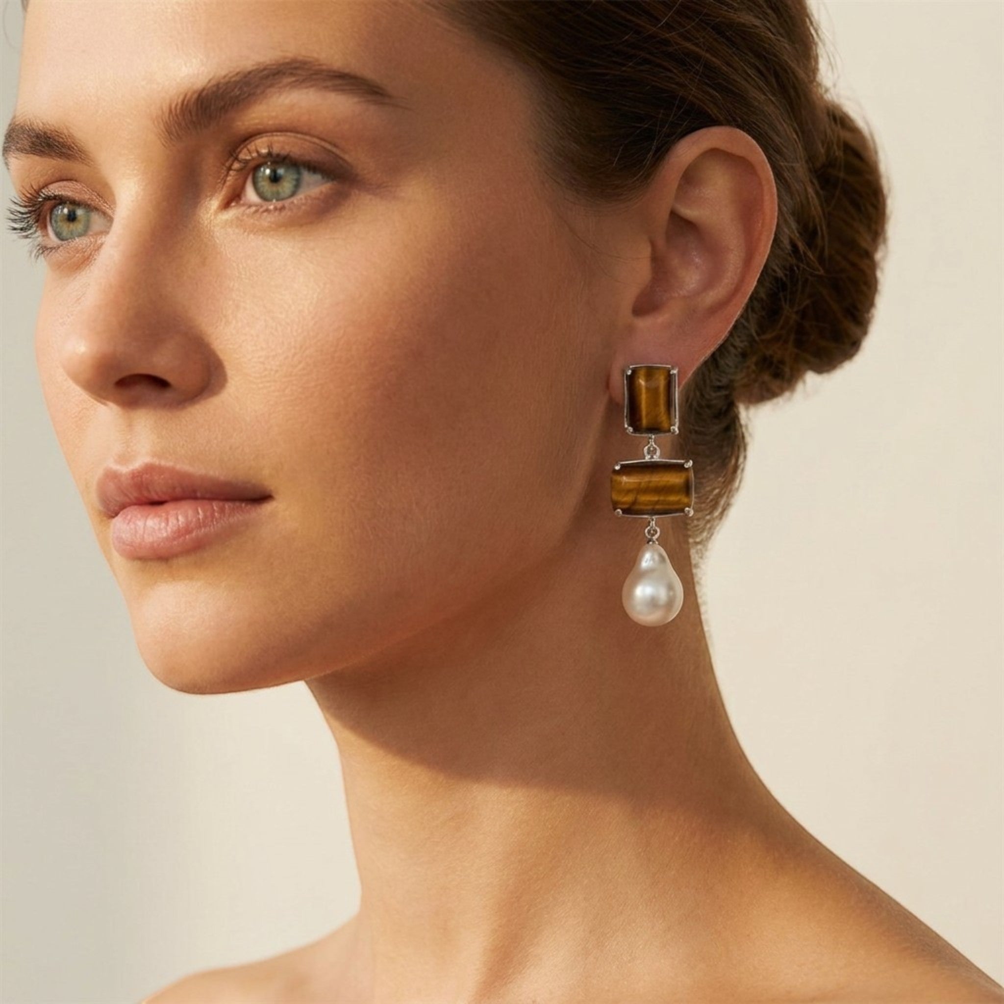 Tania Claire Australia Iris pearl drop earrings featuring rectangular tiger eye stones set in sterling silver.