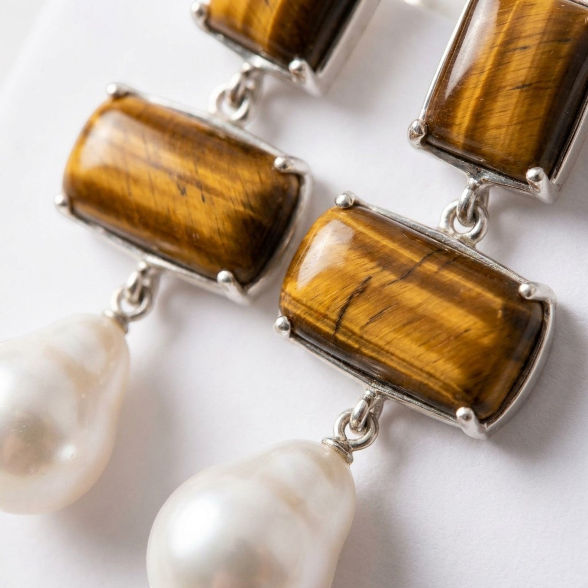 Tania Claire Australia Iris pearl drop earrings featuring rectangular tiger eye stones set in sterling silver.