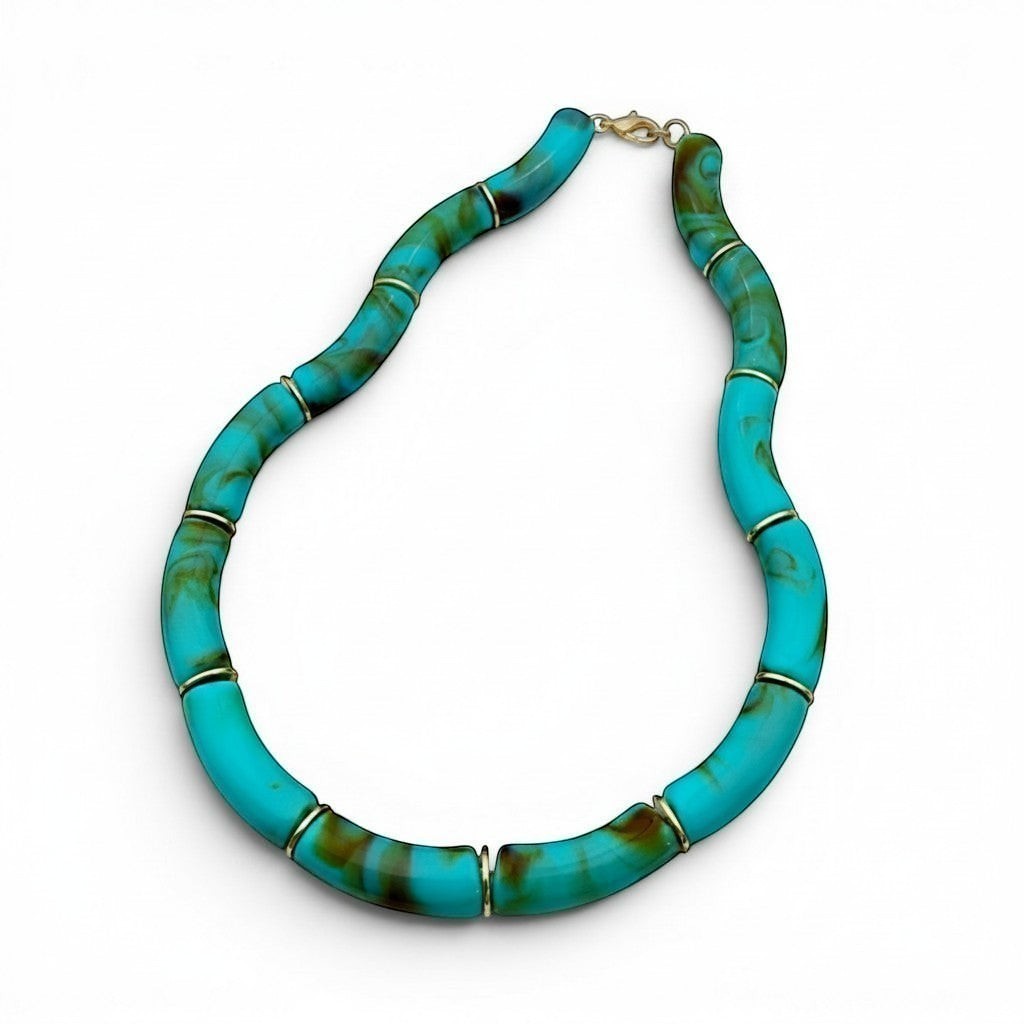 Tania Claire Australia Mia resin statement necklace featuring marbled turquoise beads with gold-tone spacers.