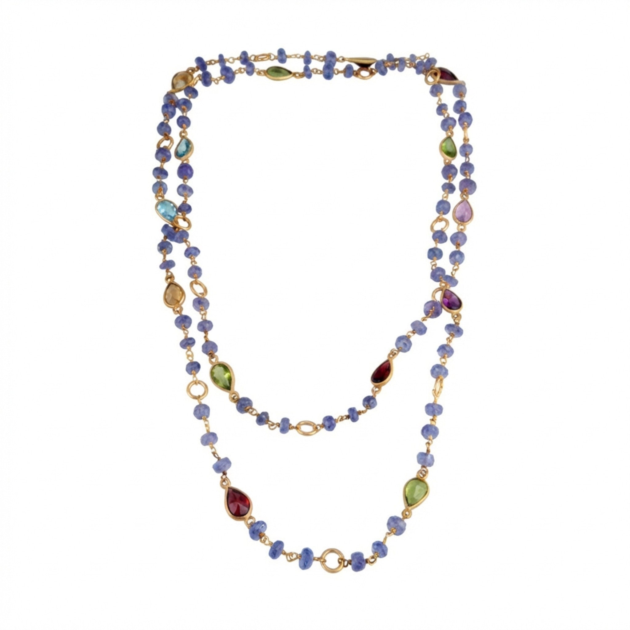 Tania Claire Australia Violet Grove Necklace: gold chain with amethyst, citrine, peridot, blue topaz, garnet pear gems & tanzanite beads.