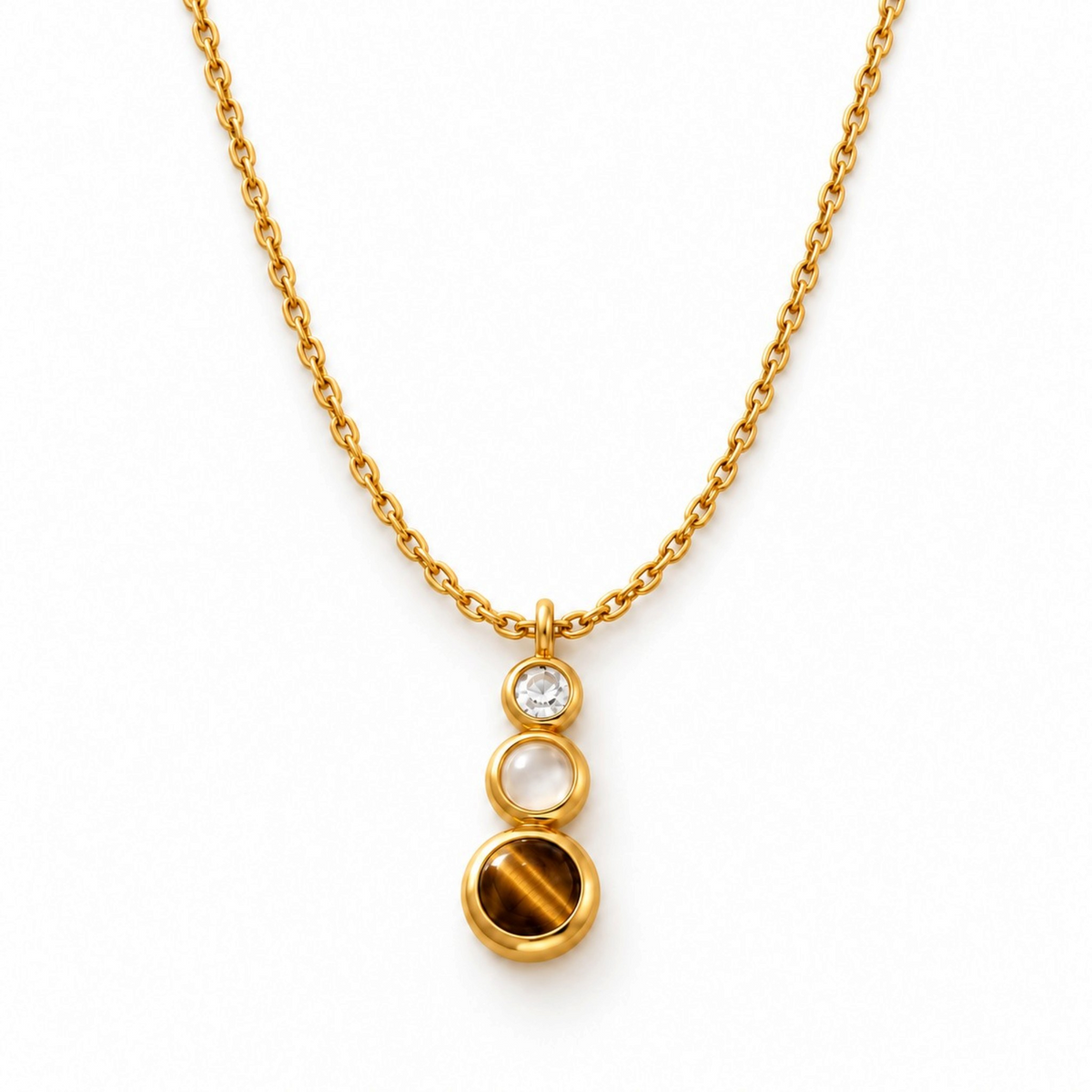 Tania Claire Australia Waymark Cairn drop necklace featuring a crystal, rose quartz, and tiger eye in gold bezels.