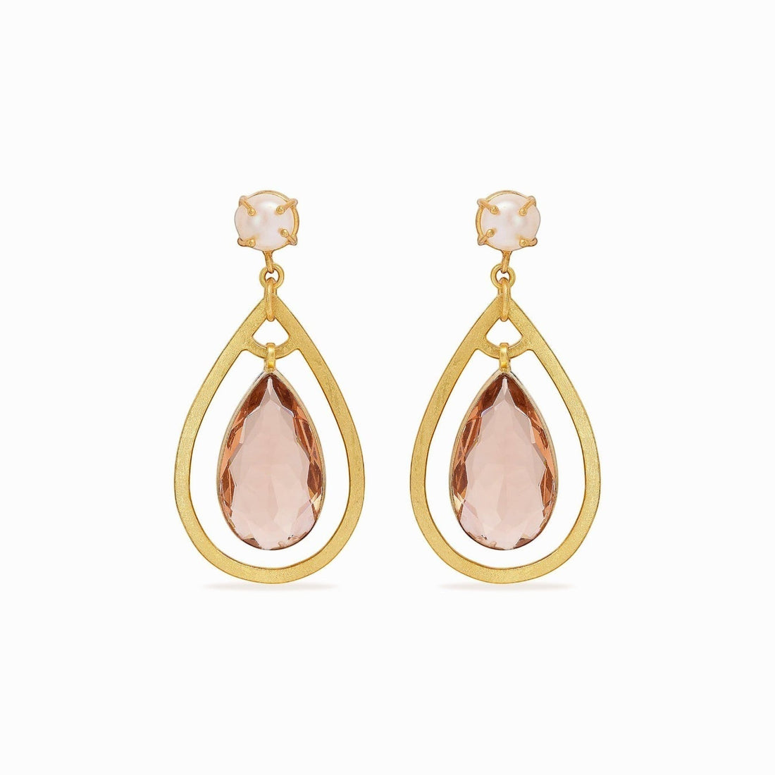 Tania Claire Australia Aurielle Rose Drops: gold teardrop earrings with blush crystal and pearl stud.