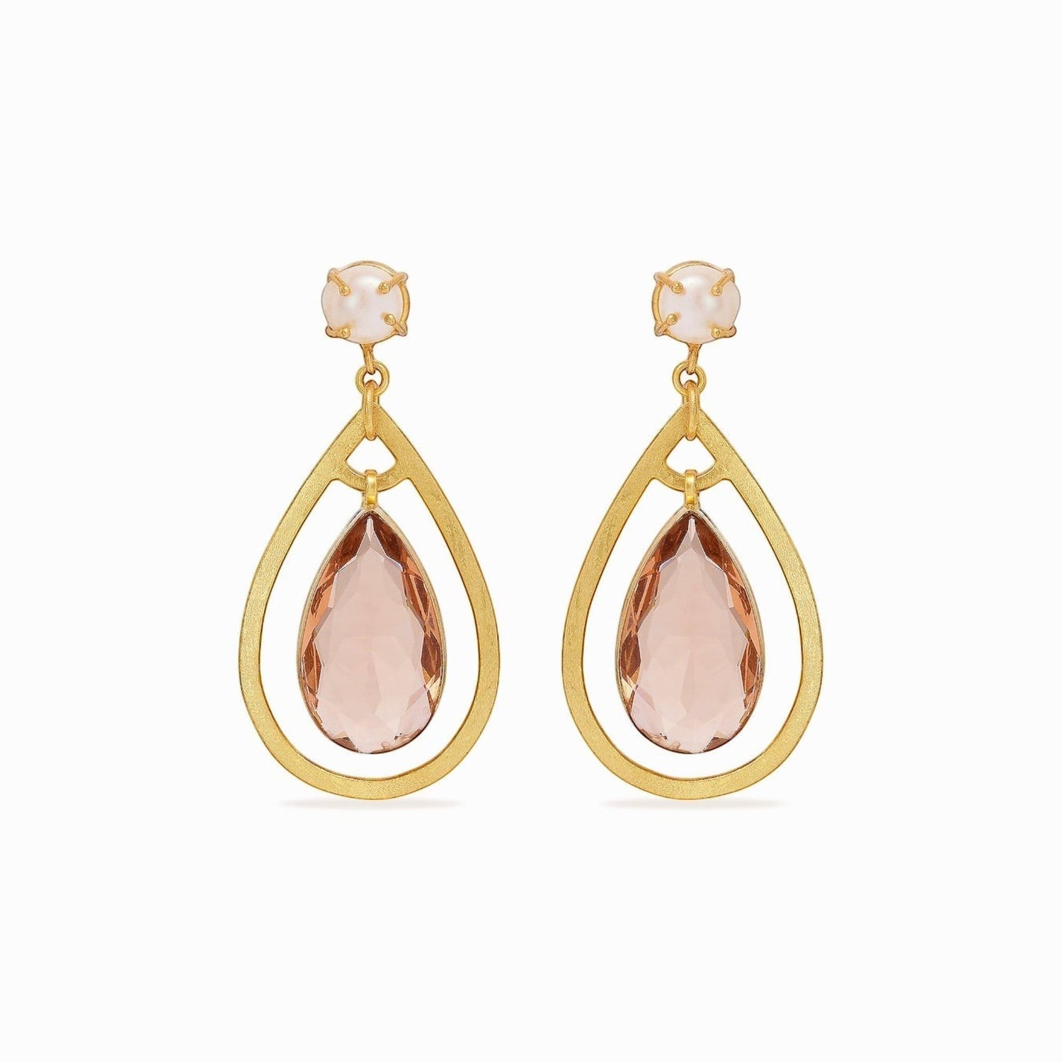 Tania Claire Australia Aurielle Rose Drops: gold teardrop earrings with blush crystal and pearl stud.