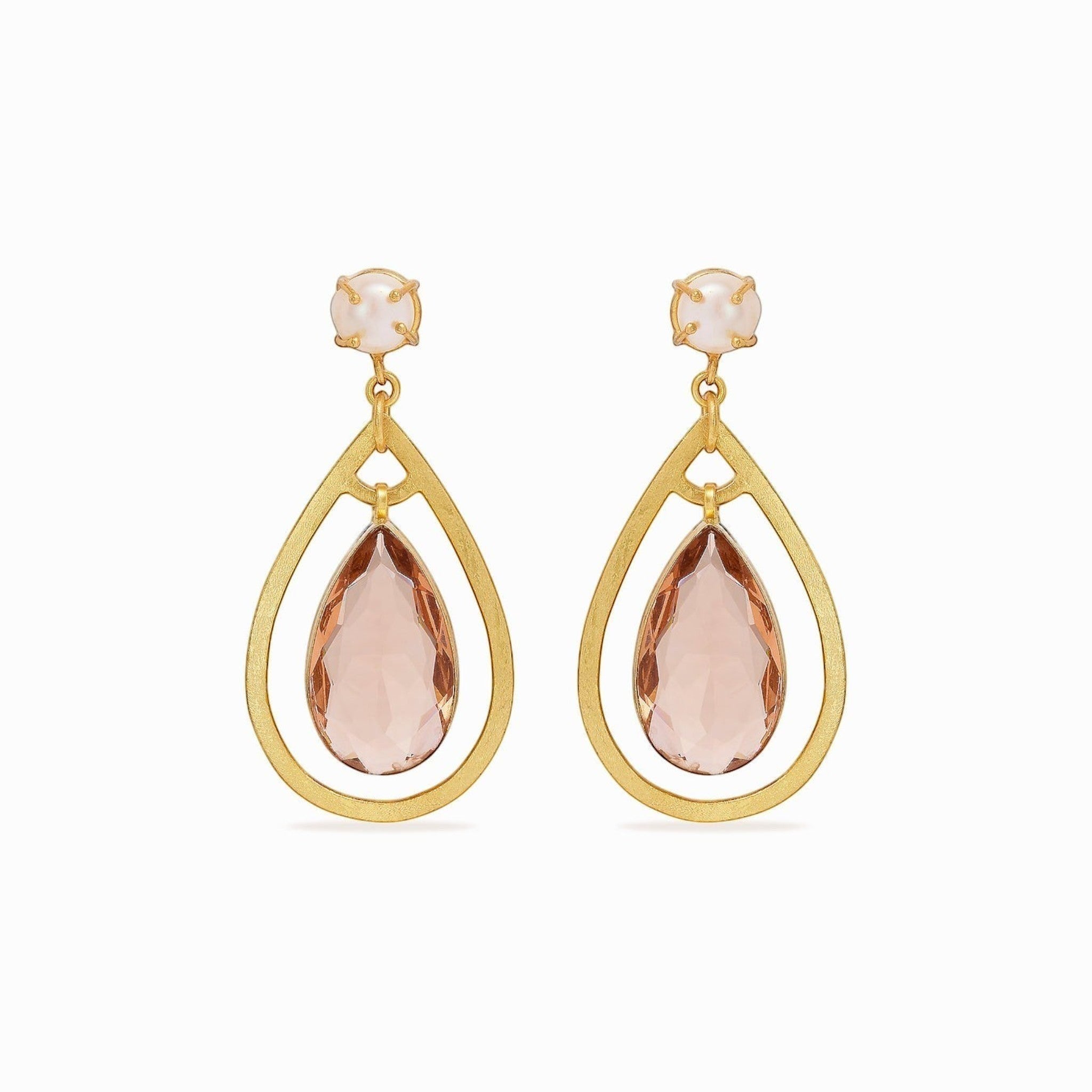 Tania Claire Australia Aurielle Rose Drops: gold teardrop earrings with blush crystal and pearl stud.