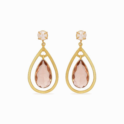 Tania Claire Australia Aurielle Rose Drops: gold teardrop earrings with blush crystal and pearl stud.