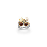 A sterling silver ring plated with 3 Micron 22K Yellow Gold & White Rhodium, adorned with a mix of gemstones including pearls and opals.