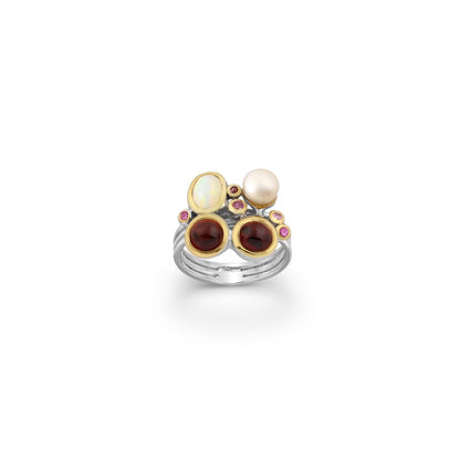 A sterling silver ring plated with 3 Micron 22K Yellow Gold &amp; White Rhodium, adorned with a mix of gemstones including pearls and opals.