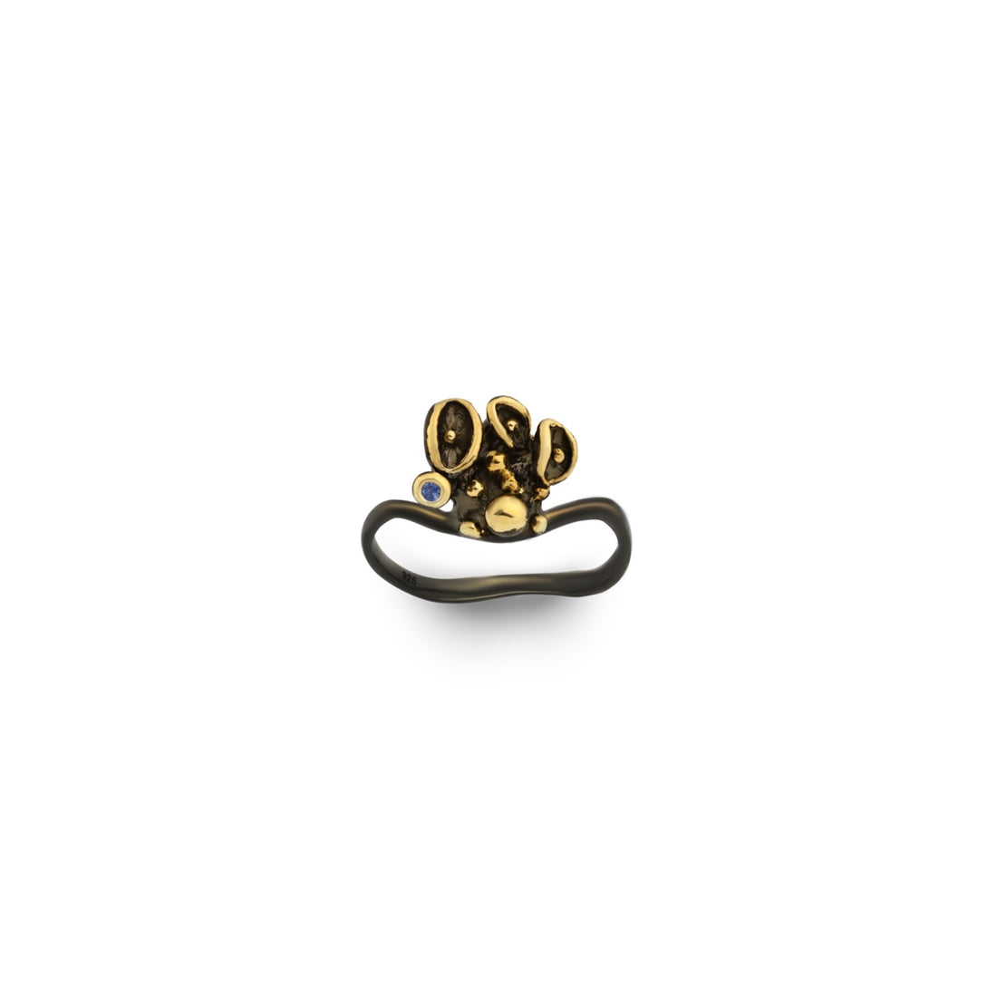 A Sterling Silver ring with 22K yellow Gold and Black Rhodium accents, featuring a Blue Sapphire stone, designed to resemble barnacles.
