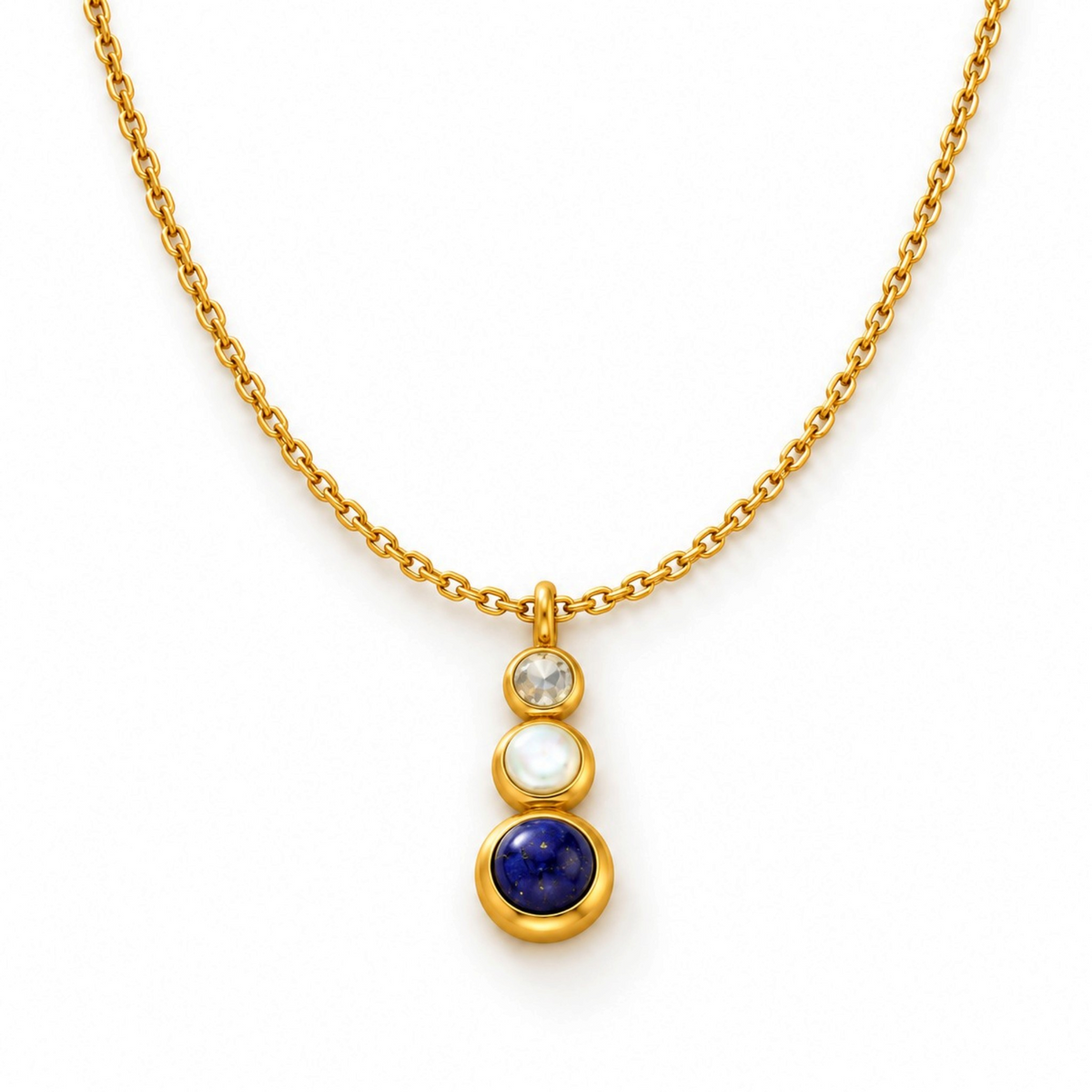 Tania Claire Australia Waymark Cairn drop necklace featuring a gold chain with a Lapis, Moonstone, and Peridot pendant