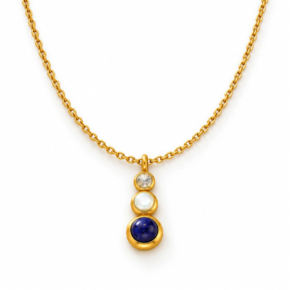 Tania Claire Australia Waymark Cairn drop necklace featuring a gold chain with a Lapis, Moonstone, and Peridot pendant