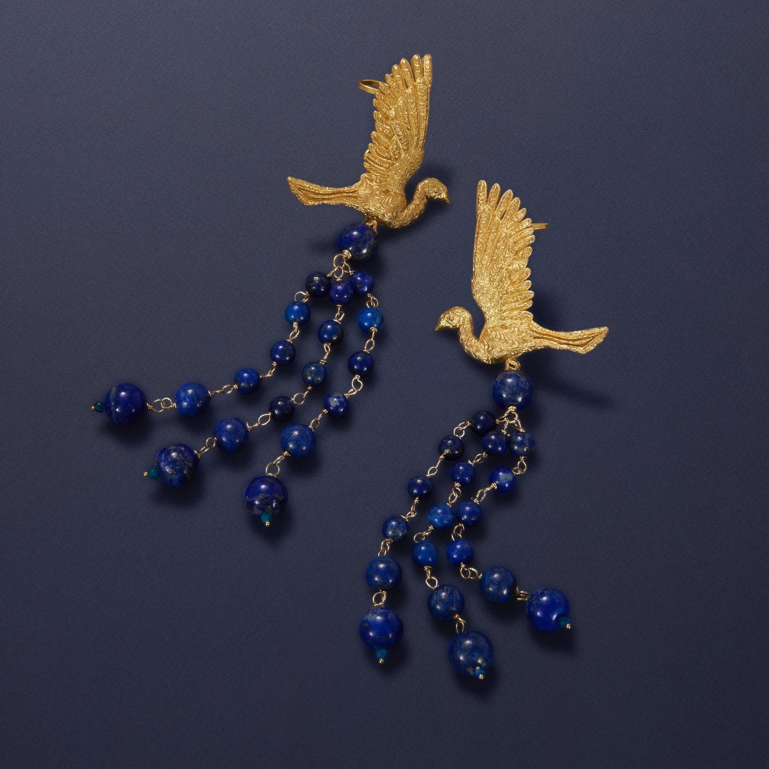 Celestine Flight lapis lazuli statement earrings with sculptural gold birds by Tania Claire Australia