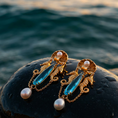 Ornate Seahorse And Shell Drop Earrings