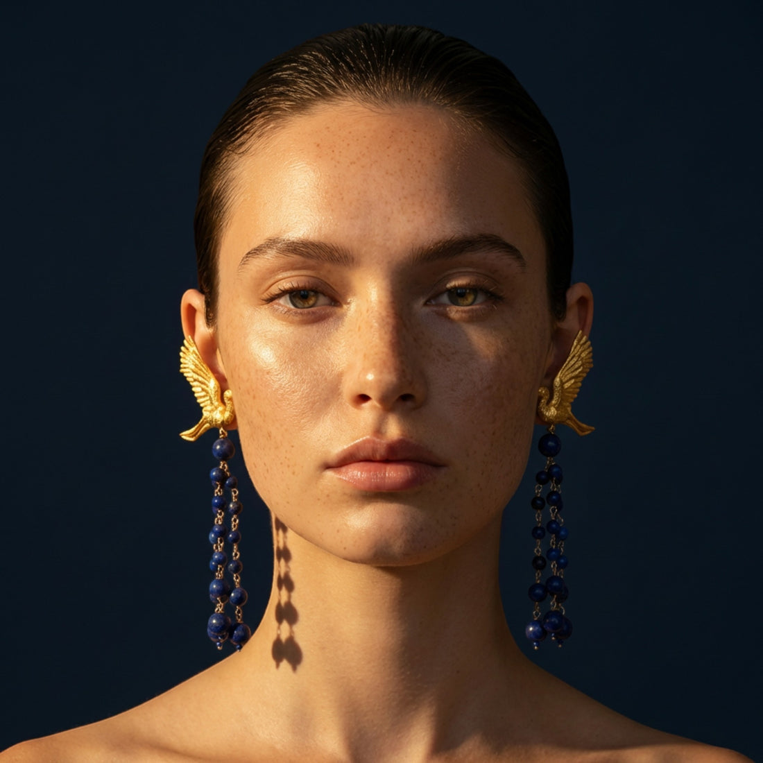 Woman wearing gold earrings with blue beads against a dark background. Celestine Flight lapis lazuli statement earrings with sculptural gold birds by Tania Claire Australia