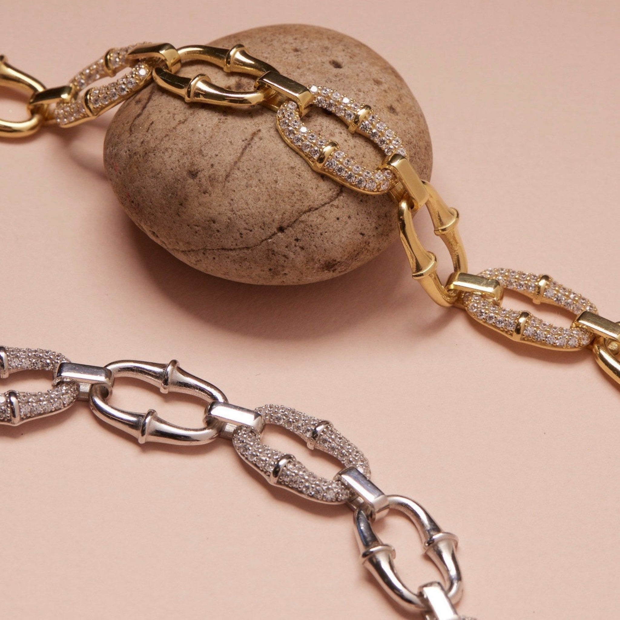 Tania Claire Australia Amara bracelet in gold or silver, featuring bold links with zircon stones and a bamboo-inspired design.