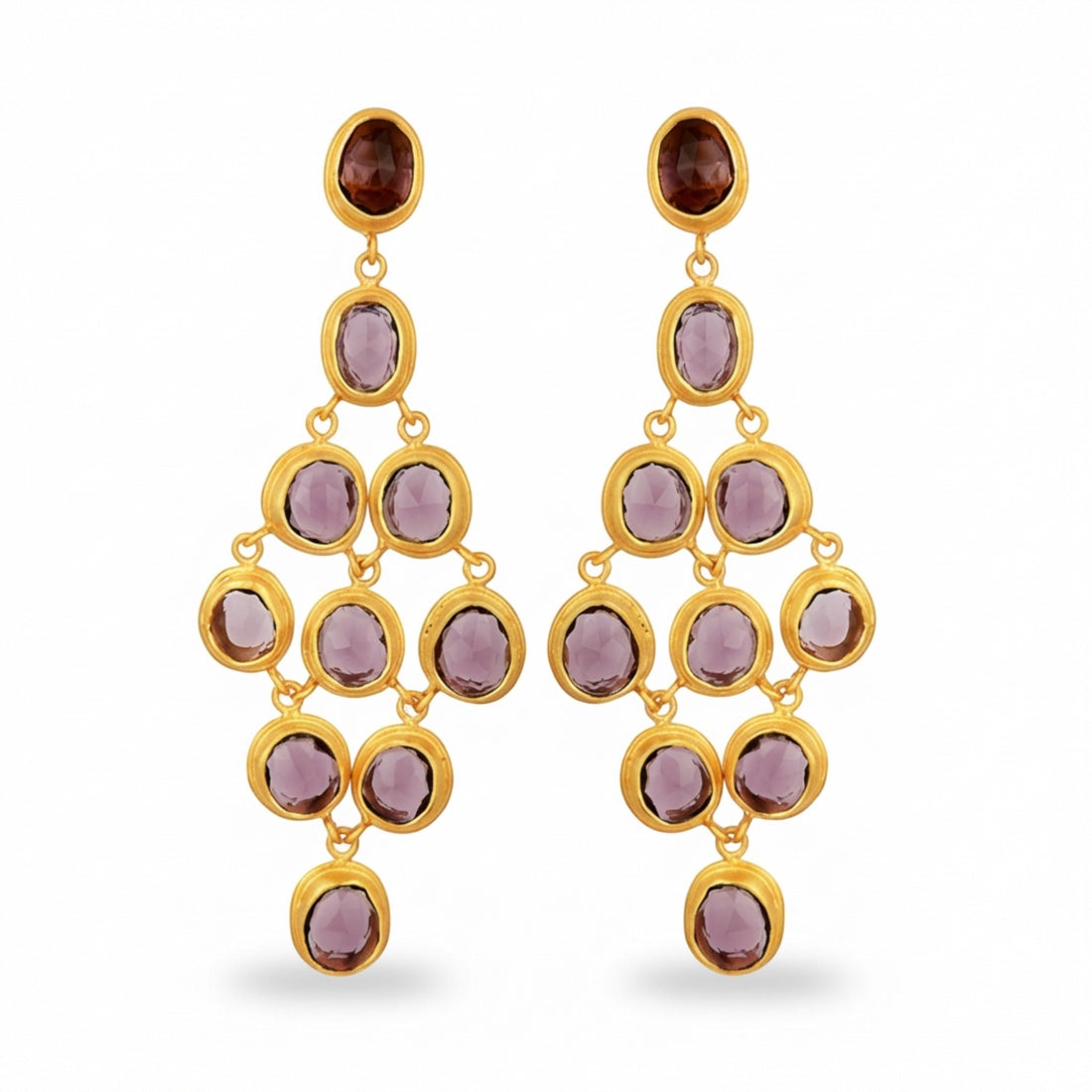 Tania Claire Australia Palais Amethyst Earrings: gold-plated chandelier earrings with faceted amethyst gemstones in violet hues.