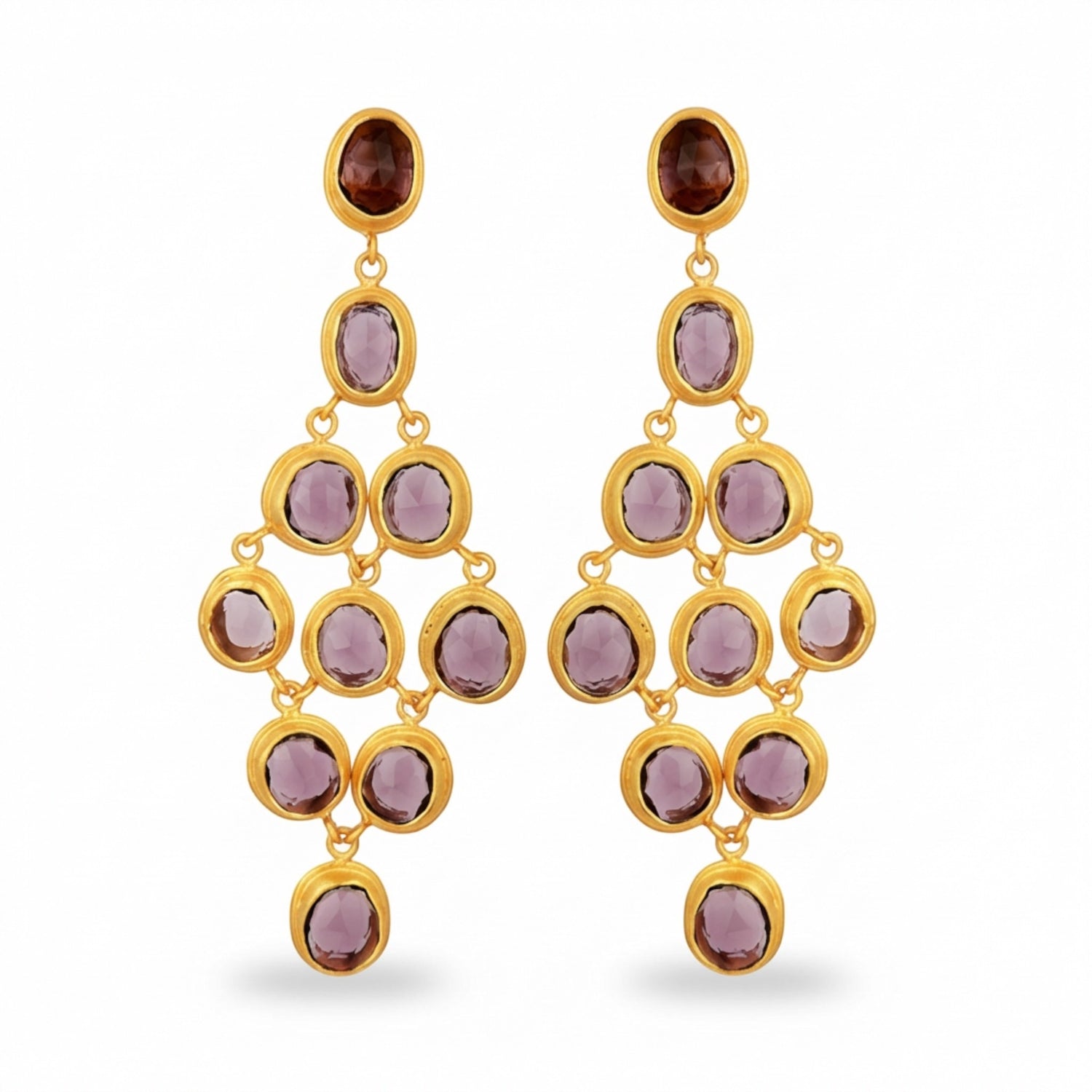 Tania Claire Australia Palais Amethyst Earrings: gold-plated chandelier earrings with faceted amethyst gemstones in violet hues.
