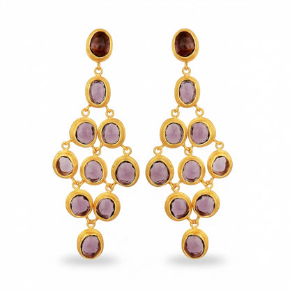 Tania Claire Australia Palais Amethyst Earrings: gold-plated chandelier earrings with faceted amethyst gemstones in violet hues.