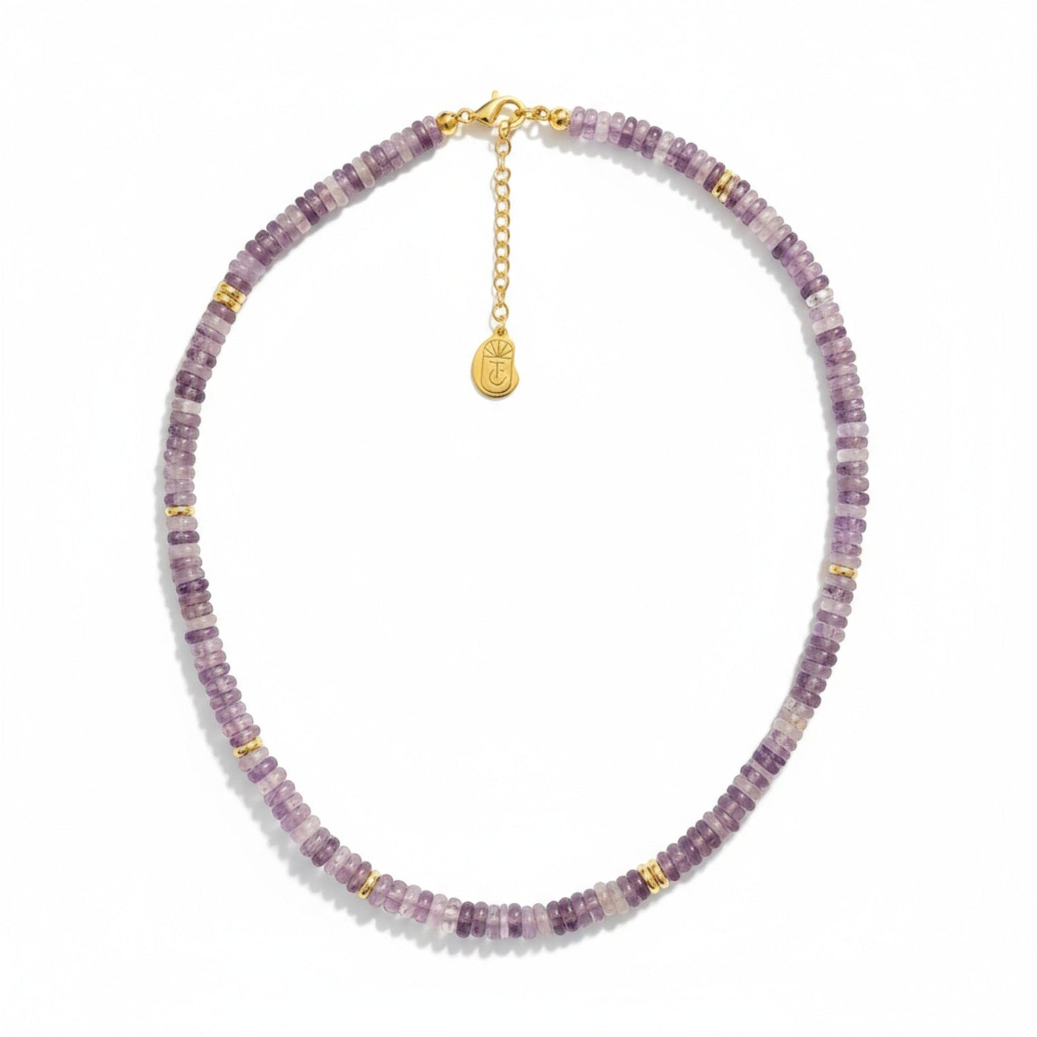 Tania Claire Australia amethyst gemstone necklace with gold accents and extender chain.