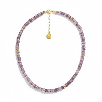 Tania Claire Australia amethyst gemstone necklace with gold accents and extender chain.