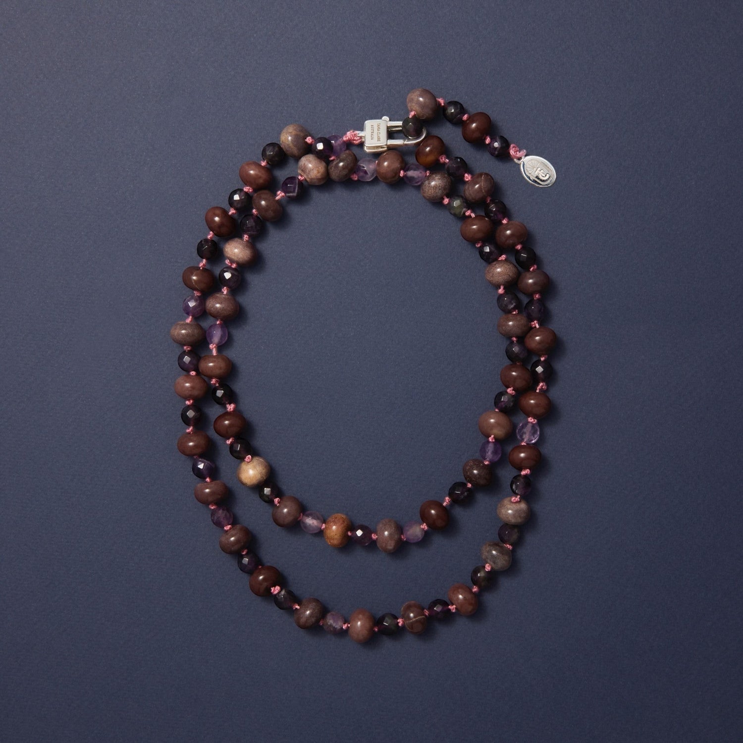 Tania Claire Australia Montmartre Twilight Necklace, hand-strung natural earthy gemstones with amethyst tones and a silver clasp.