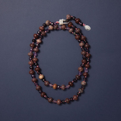 Tania Claire Australia Montmartre Twilight Necklace, hand-strung natural earthy gemstones with amethyst tones and a silver clasp.
