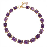 Tania Claire Australia Theia Necklace featuring rectangular amethyst stones in a gold-tone setting with a pearl accent and adjustable clasp.