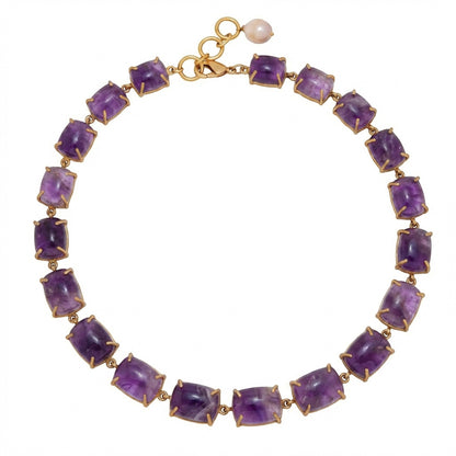 Tania Claire Australia Theia Necklace featuring rectangular amethyst stones in a gold-tone setting with a pearl accent and adjustable clasp.