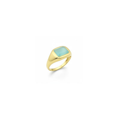 Tania Claire Australia gold signet ring with rectangular aqua chalcedony gemstone.