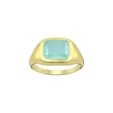 Tania Claire Australia gold signet ring with rectangular aqua chalcedony gemstone.