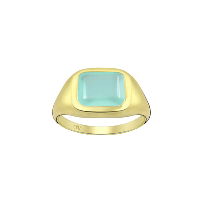 Tania Claire Australia gold signet ring with rectangular aqua chalcedony gemstone.