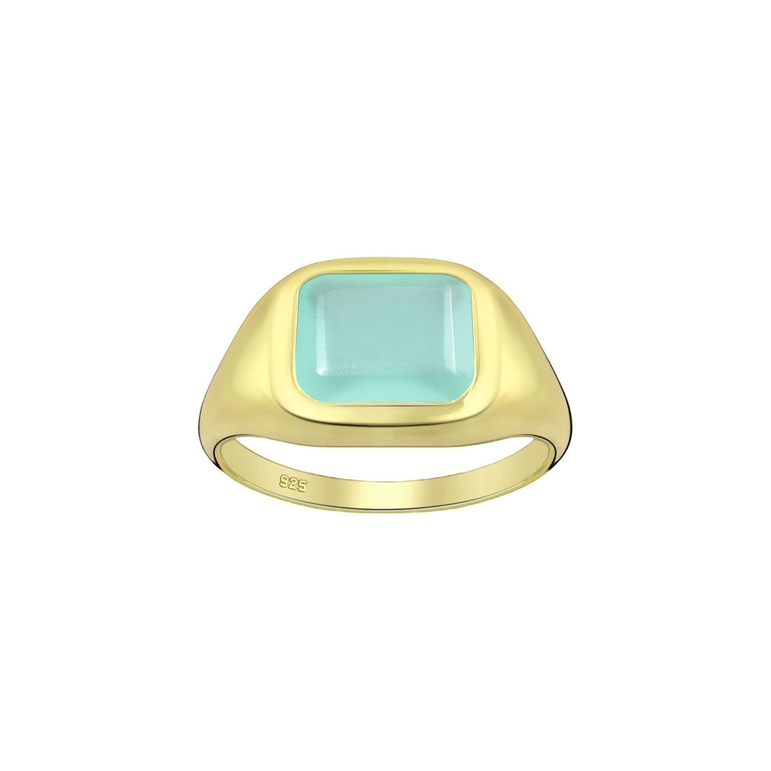 Tania Claire Australia gold signet ring with rectangular aqua chalcedony gemstone.