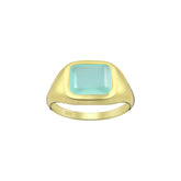 Tania Claire Australia gold signet ring with rectangular aqua chalcedony gemstone.