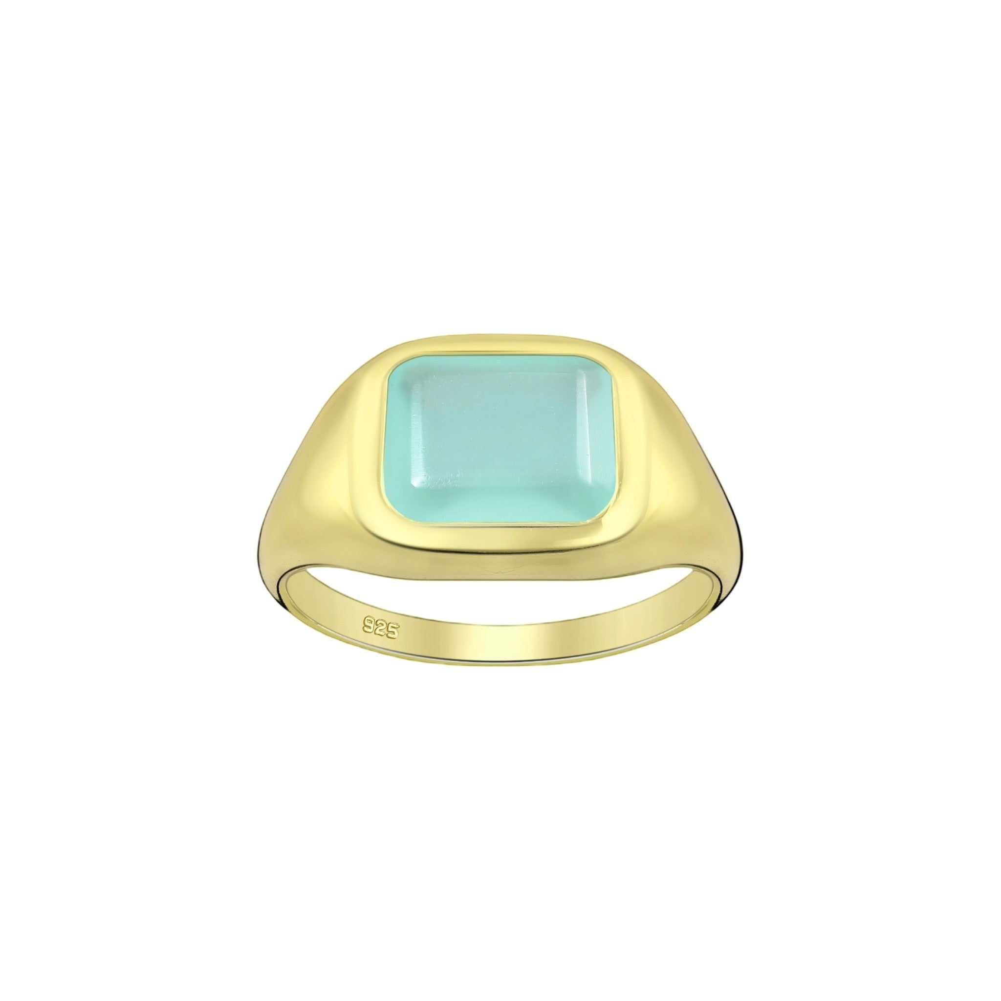 Tania Claire Australia gold signet ring with rectangular aqua chalcedony gemstone.