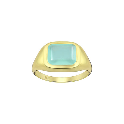 Tania Claire Australia gold signet ring with rectangular aqua chalcedony gemstone.