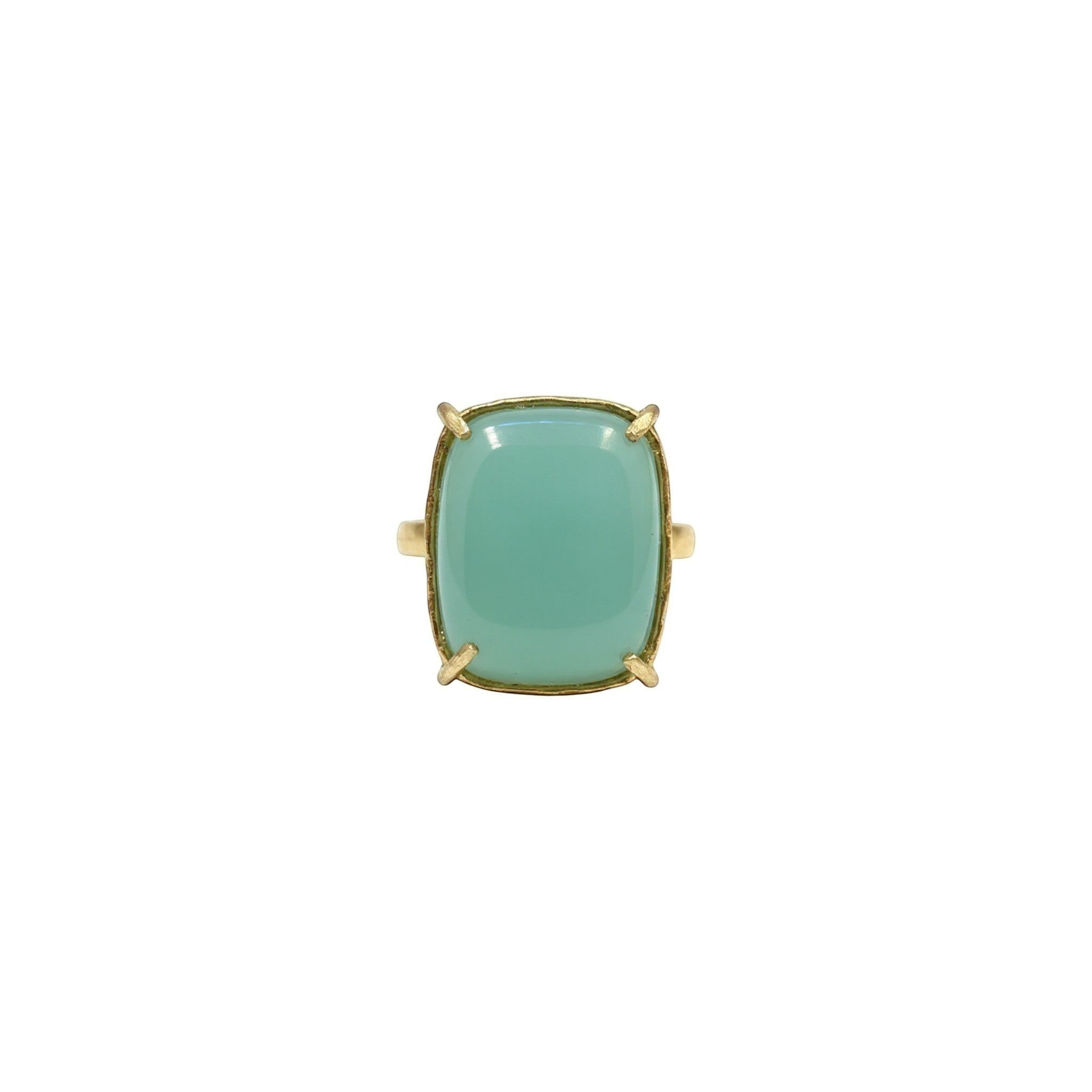 Tania Claire Australia gold-plated brass ring with a square, cabochon-cut aquamarine gemstone.