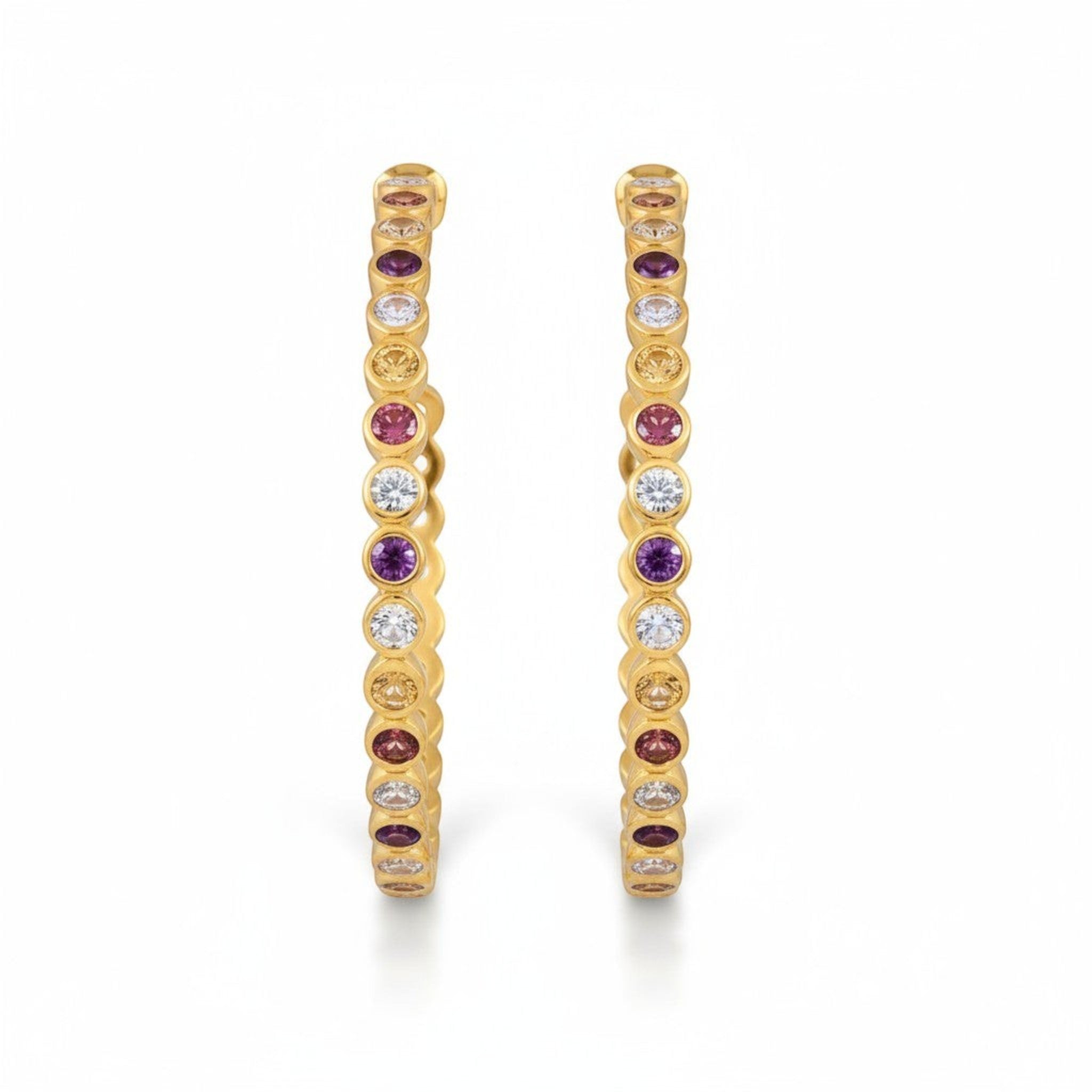 Tania Claire Australia Aurora Loops: gold sterling silver hoop earrings with amethyst, citrine, and aquamarine gemstones.