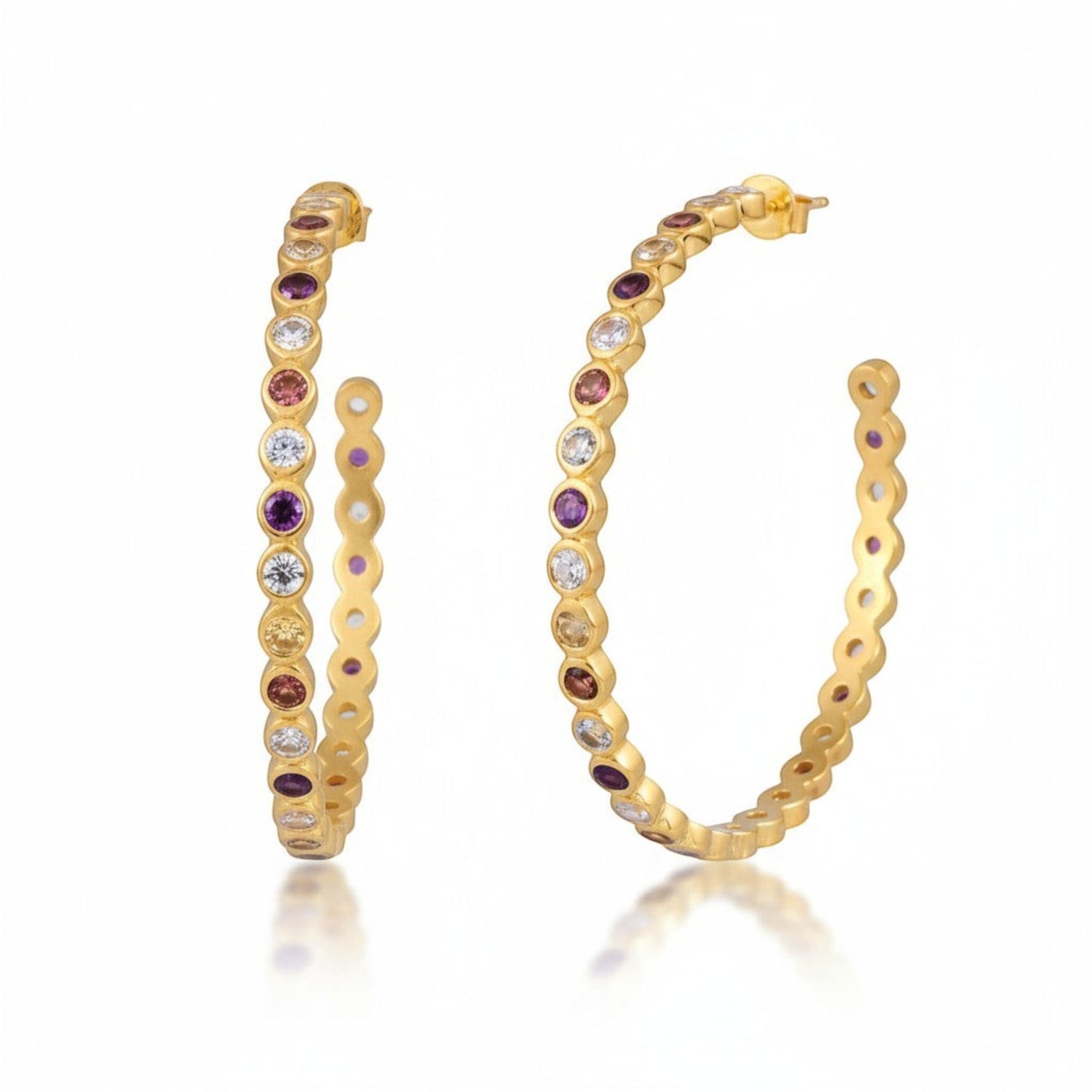 Tania Claire Australia Aurora Loops: gold sterling silver hoop earrings with amethyst, citrine, and aquamarine gemstones.