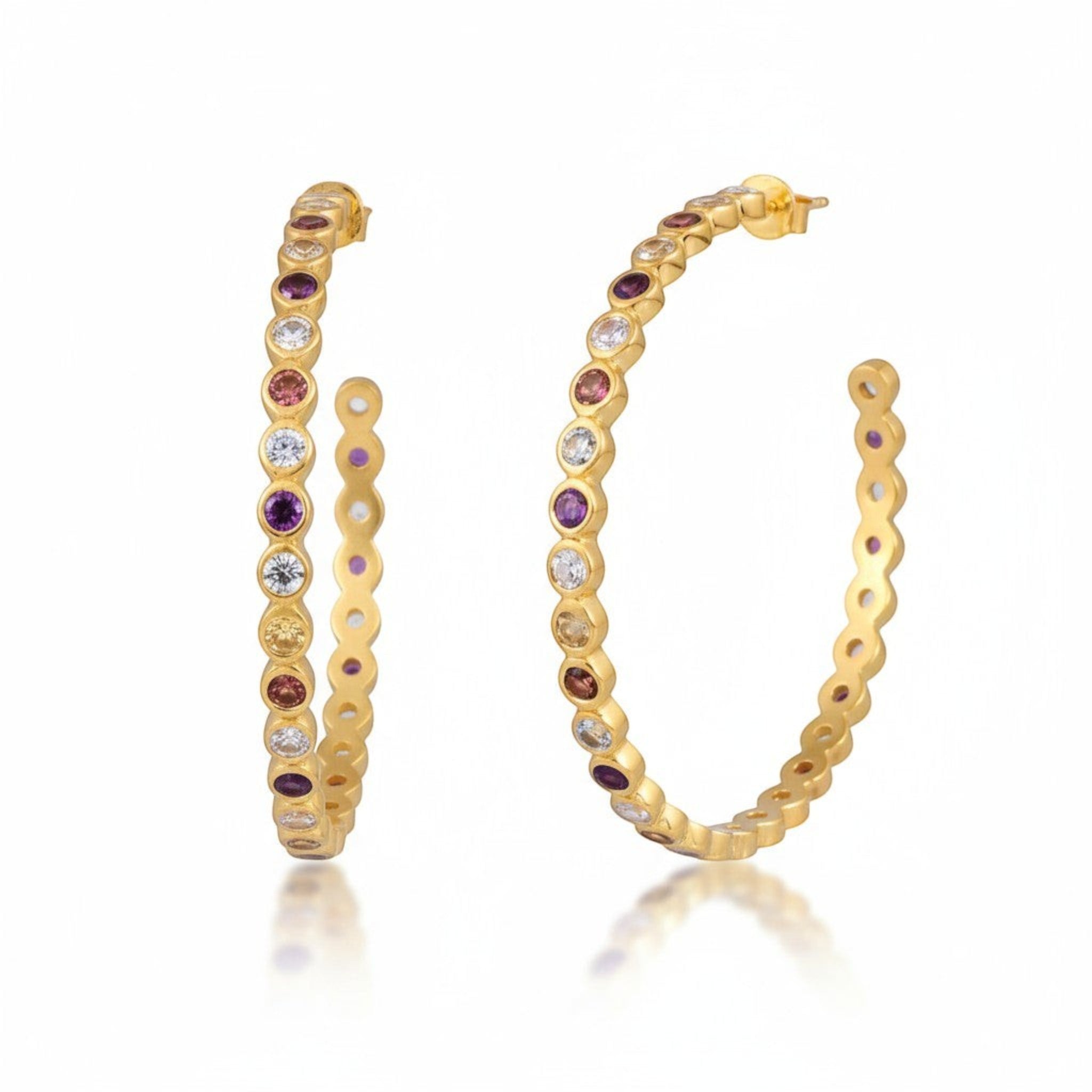 Tania Claire Australia Aurora Loops: gold sterling silver hoop earrings with amethyst, citrine, and aquamarine gemstones.