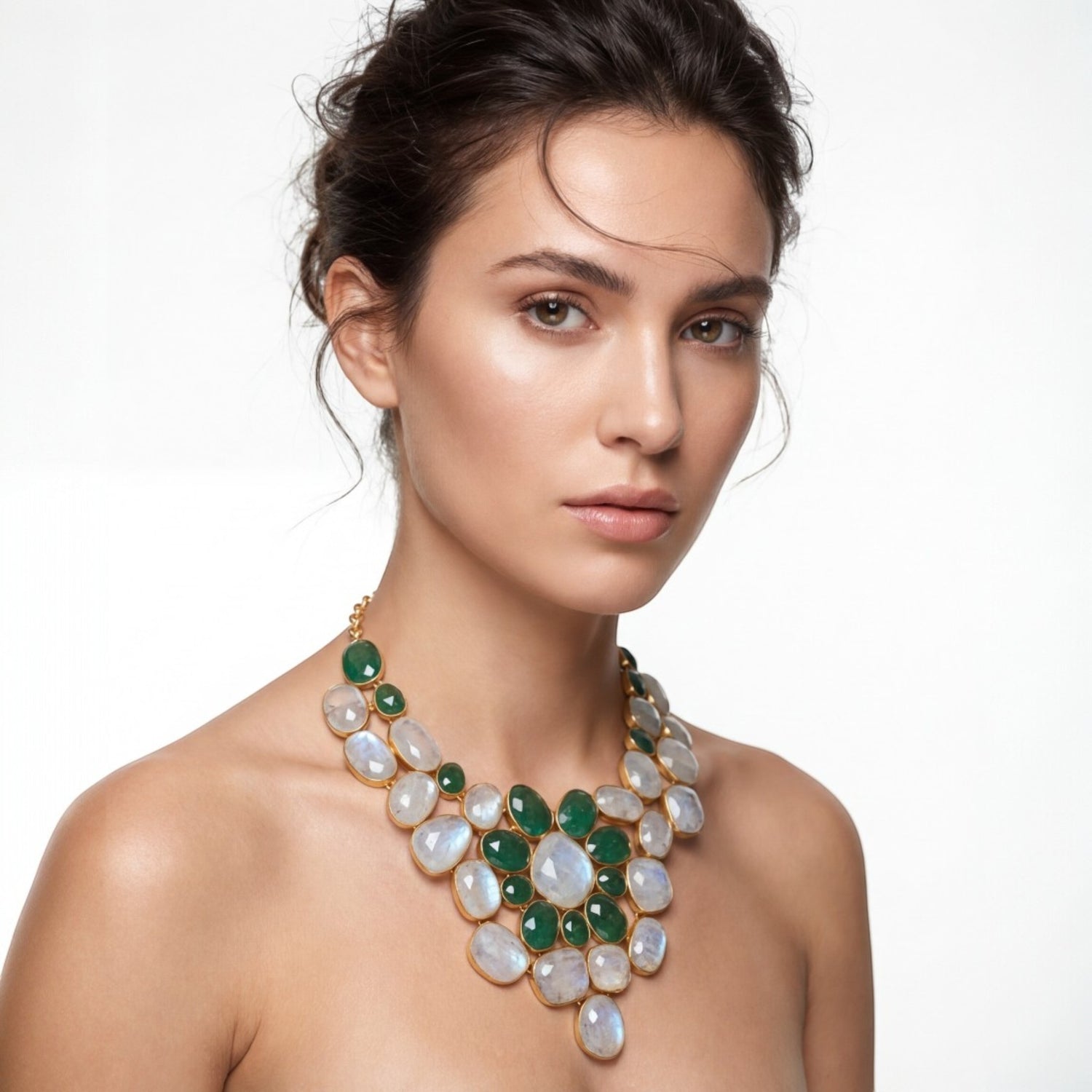 Tania Claire Australia Aymeric statement necklace with green aventurine and moonstone gemstones in gold-tone settings.