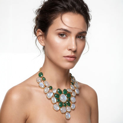 Tania Claire Australia Aymeric statement necklace with green aventurine and moonstone gemstones in gold-tone settings.