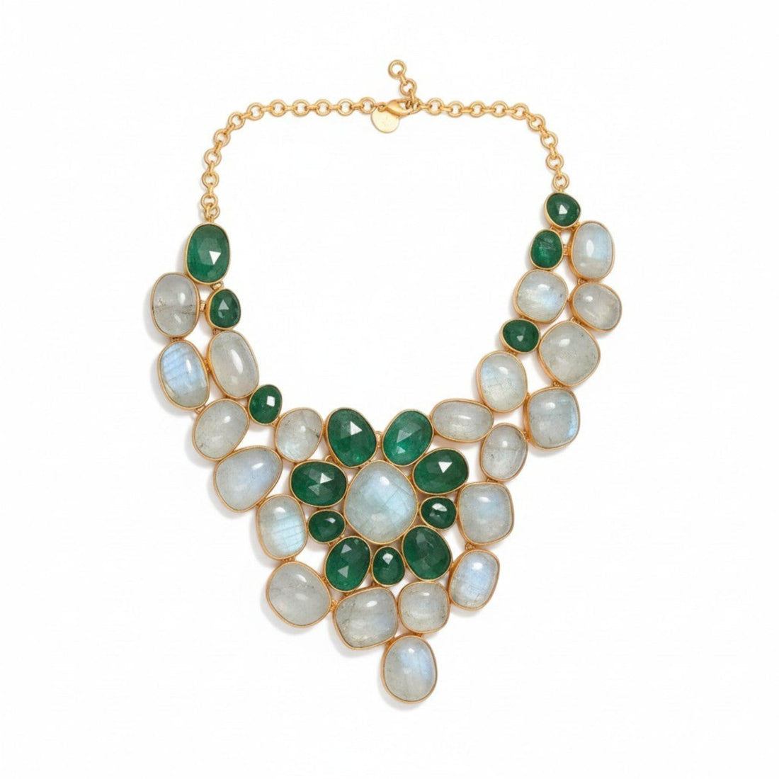 Tania Claire Australia Aymeric statement necklace with green aventurine and moonstone gemstones in gold-tone settings.