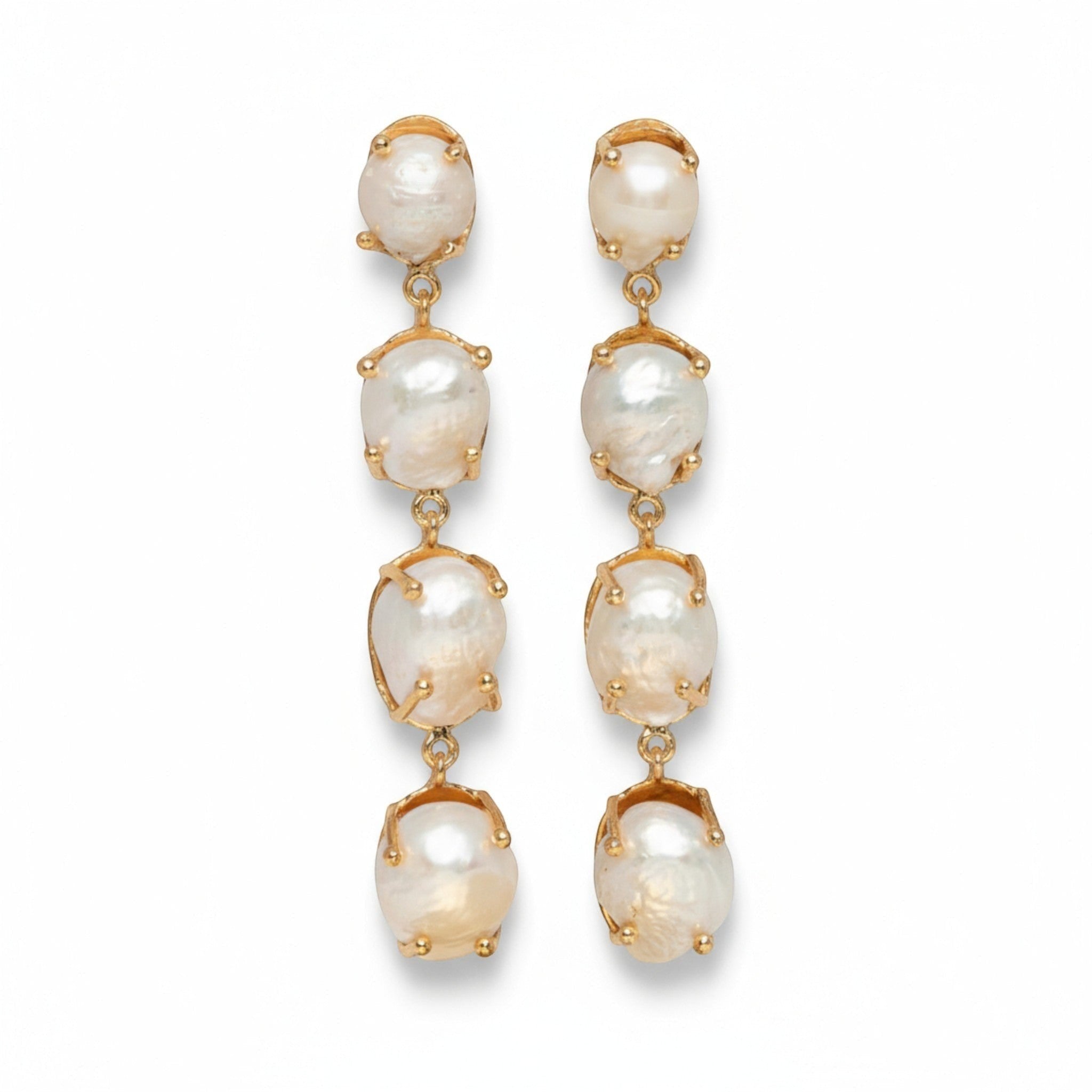 Tania Claire Australia Marnie Pearl Drops: gold-plated brass earrings with three baroque freshwater pearls each.
