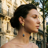 Tania Claire Australia Iridesca baroque pearl drop earrings with gold botanical elements and chains.
