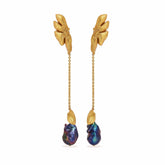 Tania Claire Australia Iridesca baroque pearl drop earrings with gold botanical elements and chain.