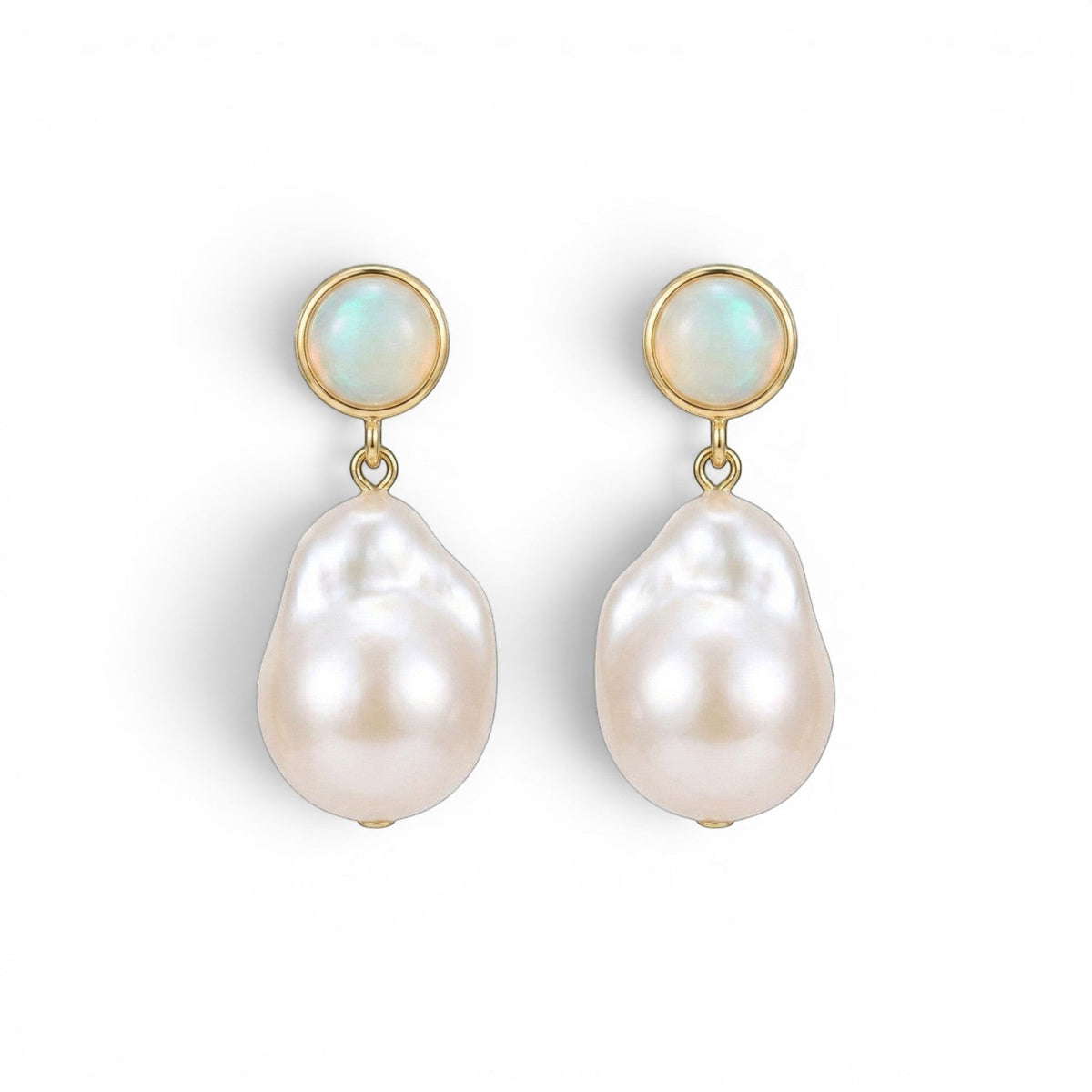 Tania Claire Australia Mae pearl drop studs featuring organic baroque pearls and iridescent stones in gold settings.