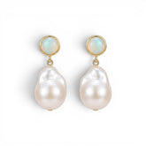 Tania Claire Australia Mae pearl drop studs featuring organic baroque pearls and iridescent stones in gold settings.
