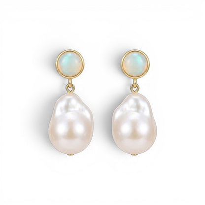Tania Claire Australia Mae pearl drop studs featuring organic baroque pearls and iridescent stones in gold settings.