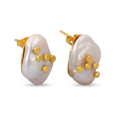 Tania Claire Australia Tide Mark baroque pearl and gold plated brass earrings. Asymmetrical organic shape with gold accents.