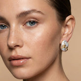 Tania Claire Australia Tide Mark baroque pearl earrings with 14K gold plated brass accents, asymmetrical design.